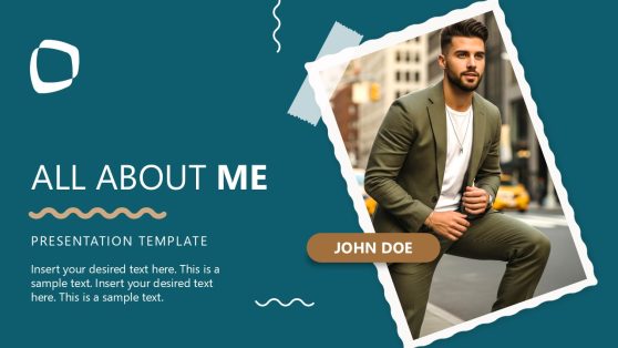 Cover slide of All About Me PPT Template featuring a personal image and editable text sections.