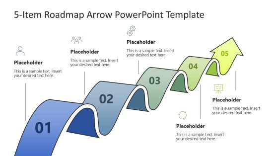5-Item Roadmap Arrow PowerPoint slide with a wave-like sequence of five curved arrows in blue and green, numbered 01 to 05.