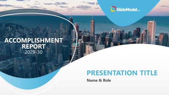 Cover slide of Accomplishment Report template featuring a city skyline background and space for presentation title and presenter details.